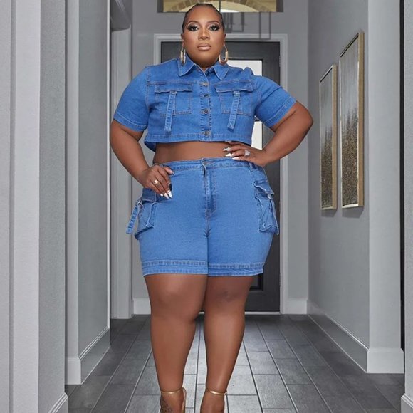 Casual Pocket Stretch Denim Plus Size Short Sleeve Crop Top Shorts Two-Piece - Picture 2 of 15